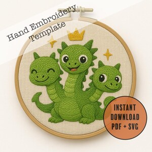 Motif de broderie main bébé dragon | Motif de point hydre à trois têtes | Décoration de chambre d'enfant (PDF et SVG)