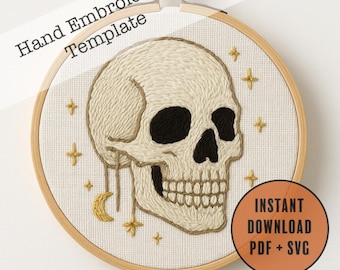 Skull Hand Embroidery Pattern PDF SVG | Celestial Gothic Hoop Art Design