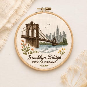 Brooklyn Bridge kunstwerk met plak- en borduurtechniek: New Yorkse skyline - Wateroplosbare transfer, beginnersvriendelijk, multipack.