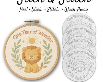 Lion Baby Milestone Pre Printed Hand Embroidery Pattern | Safari Floral Nursery Animal Design | Wash Away Stick & Stitch Transfer | Beginner