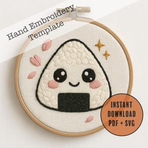 Kawaii Onigiri Hand Embroidery Pattern: Rice Ball Hoop Art (PDF & SVG)