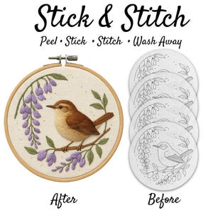 Wren With Wisteria Embroidery Pattern: Botanical Bird Art, Purple Florals (Stick & Stitch Transfer, Water Soluble, Various Sizes)