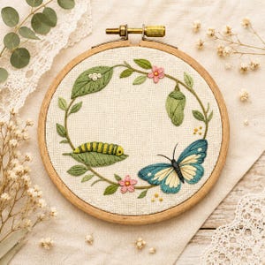Caterpillar Wreath Hand Embroidery Transfer Pattern | Garden Insect Nature Stick and Stitch Design