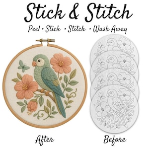 Borduurpatroon van een papegaai, handborduurtransfer, tropische bloemen en vogel (steken en borduren, wateroplosbaar)