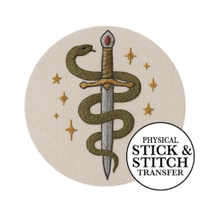 Stick And Stitch Embroidery Transfer: Snake and Sword Design, Mystical Boho Art | Water-Soluble, Beginner Friendly | Multiple Sizes