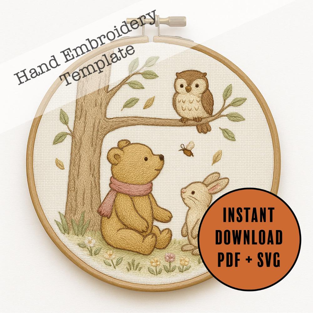 Bear, Bunny & Owl Hand Embroidery Pattern | Woodland Friends PDF Embroidery Design for Nursery D
