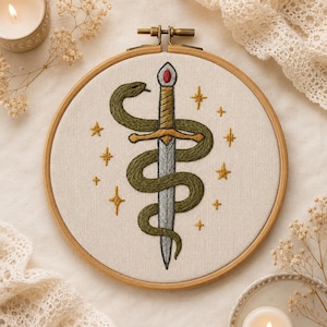 Stick And Stitch Embroidery Transfer: Snake and Sword Design, Mystical Boho Art | Water-Soluble, Beginner Friendly | Multiple Sizes