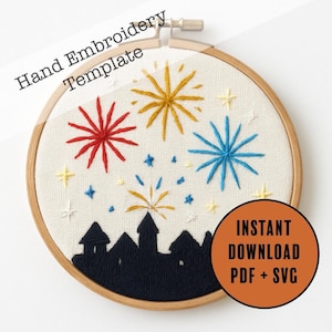 Neujahr Feuerwerk Handstickmuster | PDF Stickdatei Festliche Skyline für Anfänger