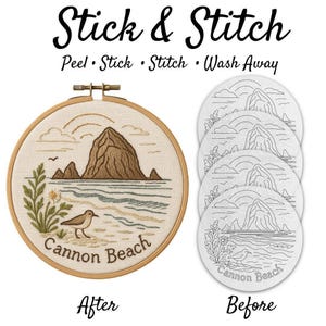 Cannon Beach Hand Embroidery Pattern | Oregon Haystack Rock Coastal Stick & Stitch Design
