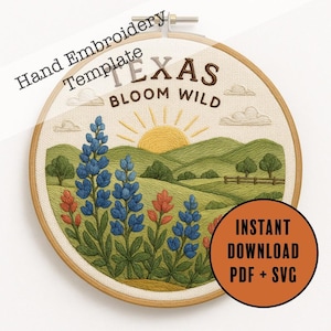 Texas Embroidery Pattern | Bluebonnet Landscape Design | Bloom Wild Hand Embroidery PDF + SVG