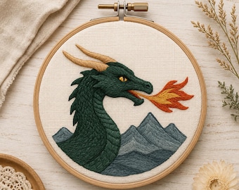 Fire Breathing Dragon Hand Embroidery Pattern | Stick and Stitch Transfer | Fantasy Kids Room Craft Design