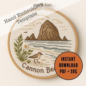 Cannon Beach Hand Embroidery Pattern – Haystack Rock Coastal Hoop Art PDF + SVG Template