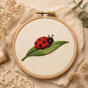 Ladybug on Leaf | Hand Embroidery Stick and Stitch Transfer | Cute Insect Embroidery Pattern