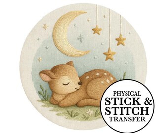 Sleeping Fawn Moon and Stars Pre Printed Hand Embroidery Pattern | Woodland Nursery Animal Design | Wash Away Stick & Stitch Transfer