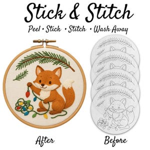 Stick And Stitch Embroidery Transfers: Woodland Fox With Christmas Lights, Hand Drawn Line Art (Multi-Size Packs, Natural Fabric Friendly)