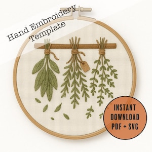 Padrão de Bordado de Ervas: Buquês de Ervas Rústicos para Pendurar - Arquivos PDF e SVG, Estilo Fazenda, Modelo para Bordado à Mão