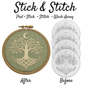 May include: An embroidery hoop with a stitched tree design, labelled "After," next to a stack of circular designs labelled "Before." The text "Stick & Stitch" and instructions are at the top. The stitched tree is beige on a green background.