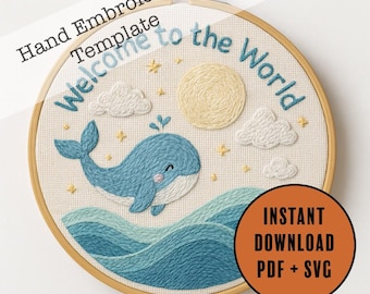 クジラの刺繍パターン：海の生き物の保育園デザイン（PDFパターン