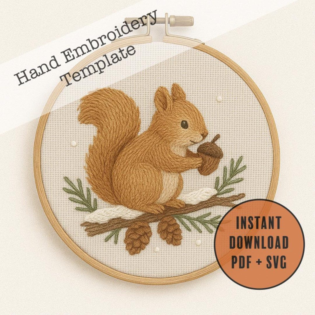 Squirrel Hand Embroidery Pattern PDF SVG | Woodland Winter Acorn Floral ...
