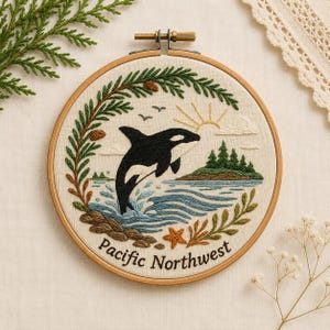 Pacific Northwest Coastal Whale Art | Marine Hand Embroidery Design | Pacific NorthWest Pattern | Whale Embroidery Transfer