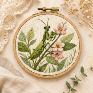 Praying Mantis Hand Embroidery Transfer Pattern | Botanical Insect Nature Stick and Stitch Design