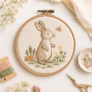 Transferencia de puntadas con diseño de conejo, flores del bosque (estabilizador lavable, varios tamaños, bordado para principiantes)