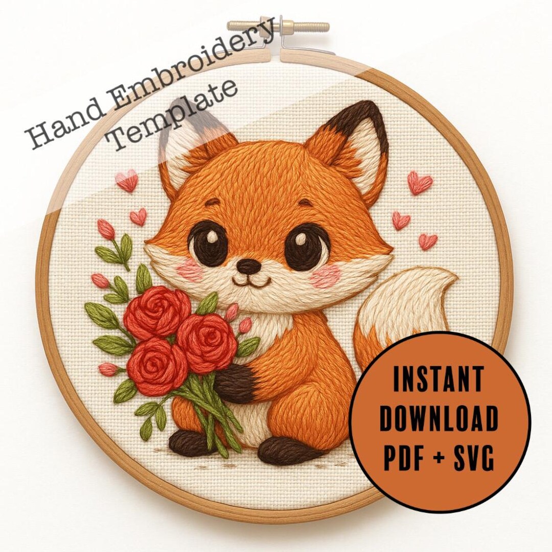 Fox Hand Embroidery Pattern PDF SVG | Valentine Cute Fox With Roses ...