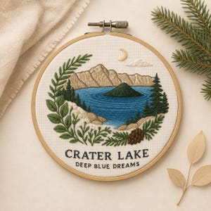 Stick And Stitch Embroidery Transfer: Scenic Crater Lake Design - Botanical Stitching, Travel Theme, Water-Soluble Stabilizer