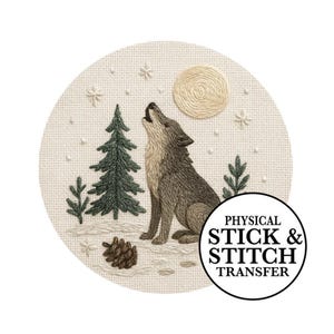 Transferencia de bordado de lobo aullando: Diseño de bosque con puntadas y pegamento