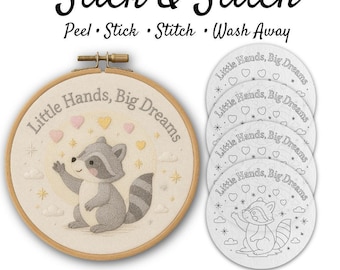 Raccoon Nursery Baby Woodland Pre Printed Hand Embroidery Pattern | Animal Design | Wash Away Stick & Stitch Transfer | Beginner Friendly