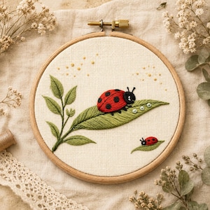 May include: A circular wooden embroidery hoop containing a cream-coloured fabric panel. The fabric features hand-stitched embroidery of a large red ladybug with black spots resting on a green leaf, a smaller ladybug on a separate leaf, and yellow dots.