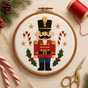 Christmas Nutcracker Embroidery Pattern | Candy Cane and Holly Stick and Stitch Transfer | Festive Holiday Design