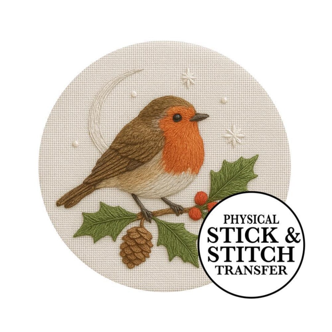 Robin With Holly Pre Printed Hand Embroidery Pattern | Winter Bird ...