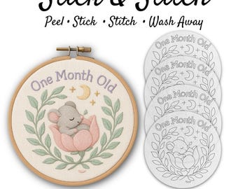 Mouse Baby Milestone Pre Printed Hand Embroidery Pattern | Floral Nursery Animal Design | Wash Away Stick & Stitch Transfer | Beginner