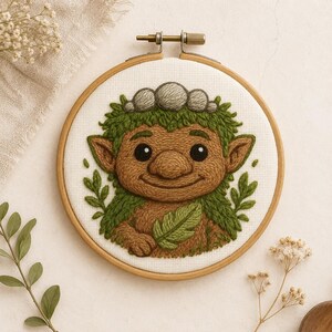 Handstickmuster: Waldtroll mit Blätterkrone | Stick-and-Stitch-Transfer | Fantasievolles Basteldesign für Kinder