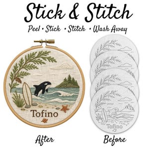 Orca Design Stick And Stitch: Coastal Line Art - Water-Soluble Transfers, Tofino BC Inspired, Embroidery Craft Supplies