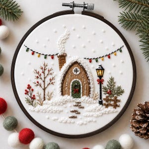 Pode incluir: Um bastidor de bordado circular com uma cena de inverno, apresentando uma casa castanha, uma chaminé a fumegar e uma porta verde. O design inclui um fio de luzes coloridas, um candeeiro de rua, uma árvore nua e neve em nós franceses.