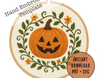 Jack O’ Lantern Hand Embroidery Pattern PDF SVG | Halloween Pumpkin with Vines & Flowers