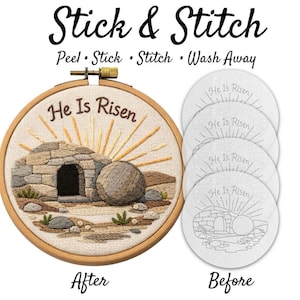 Easter Hand Embroidery Pattern He Is Risen Stick & Stitch Transfer | Christian Design