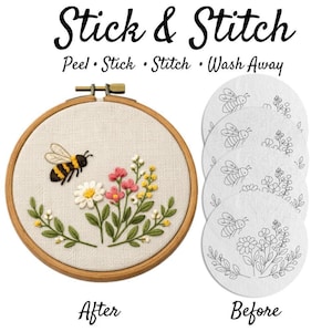 Abejorro y flores silvestres / Bordado a mano con transferencia de puntada / Patrón de bordado de abeja botánica