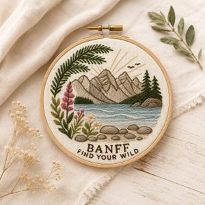 Mountain Embroidery Transfer: Banff Lake Scene - Stick And Stitch, Water-Soluble Paper, Beginner Friendly Craft Supplies