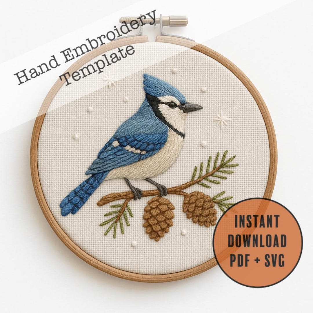 Blue Jay Embroidery Pattern: Winter Bird With Pinecones (PDF Template ...