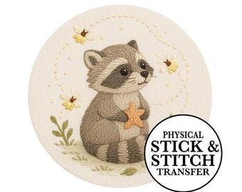 Raccoon with Fireflies and Florals Pre Printed Hand Embroidery Pattern | Woodland Nursery Room Design | Wash Away Stick & Stitch Transfer