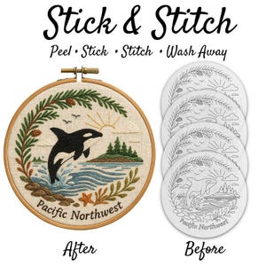 Orca Design Stick And Stitch Transfer: arte delle balene della costa nord-occidentale del Pacifico, carta idrosolubile (opzioni multiformato, adatto ai principianti)
