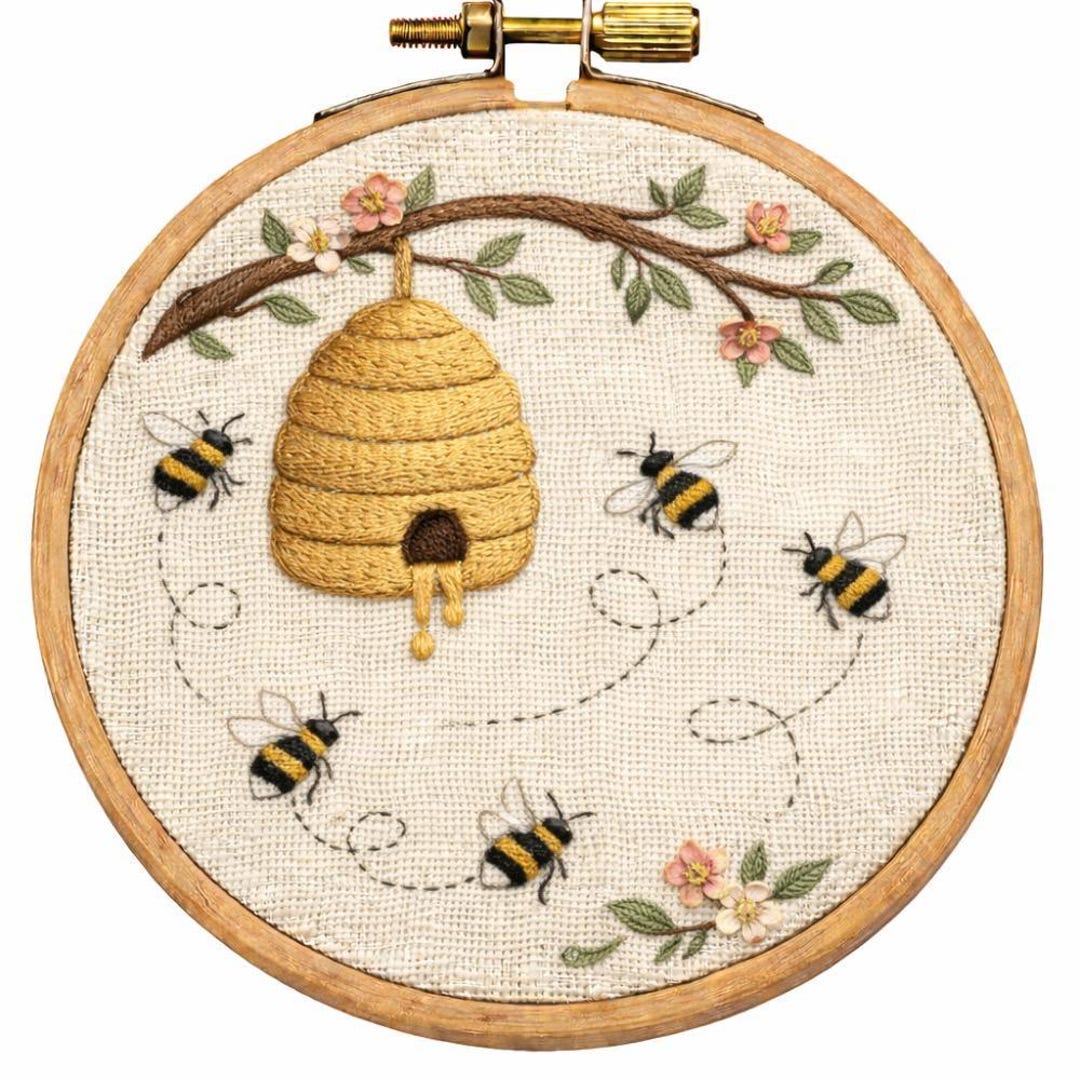 Beehive Hand Embroidery Transfer Pattern | Honey Bee Garden Embroidery ...