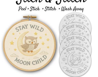 Owl Moon and Stars Pre Printed Hand Embroidery Pattern | Nursery Baby Animal Design | Wash Away Stick & Stitch Transfer | Beginner Friendly