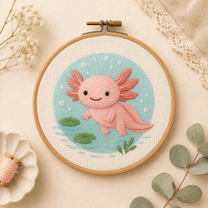 Motif de broderie axolotl : Nénuphars, animal aquatique, transferts à coller et à coudre, lavable | Plusieurs options disponibles, décoration pour chambre d'enfant