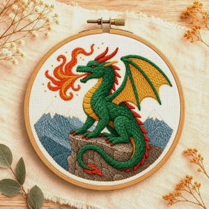 山のドラゴンの手刺繍パターン | スティックアンドステッチ転写 | 火を噴くファンタジーな子供部屋用クラフトデザイン