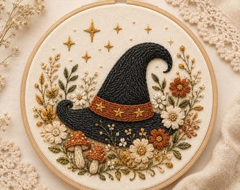 Häxhattbroderiöverföring | Halloween handbroderimönster | Höstbotanisk design