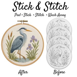 Blue Heron Pre Printed Hand Embroidery Pattern | Botanical Bird Design | Wash Away Stick & Stitch Transfer | Beginner Friendly